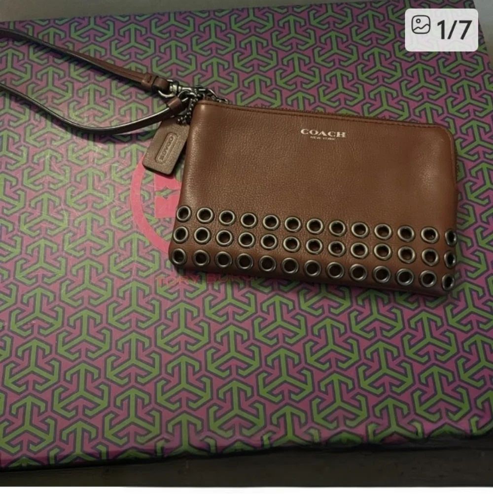 Coach Brown Leather Wristlet Zip Pouch Grommet Stud Detail Strap - Picture 2 of 5